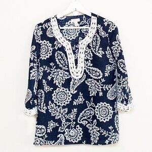 Charter Club Linen Luxury Navy Paisley Tunic PL